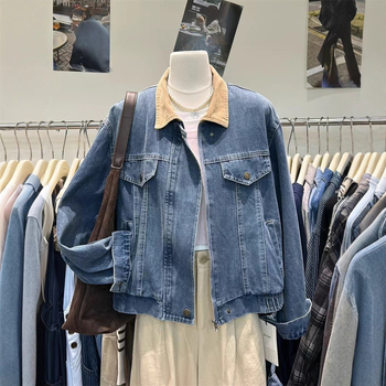 Ženska denim jakna u korejskom stilu, polo ovratnik, zatvarač, širok kroj, jesen 2025