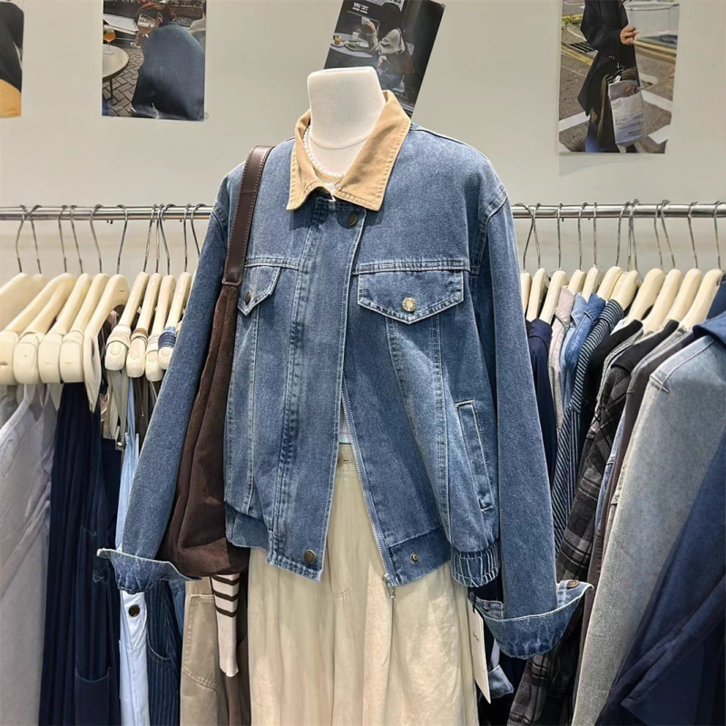Ženska denim jakna u korejskom stilu, polo ovratnik, zatvarač, širok kroj, jesen 2025