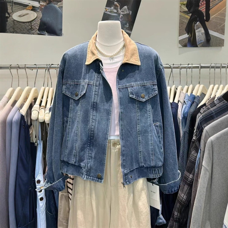 Ženska denim jakna u korejskom stilu, polo ovratnik, zatvarač, širok kroj, jesen 2025