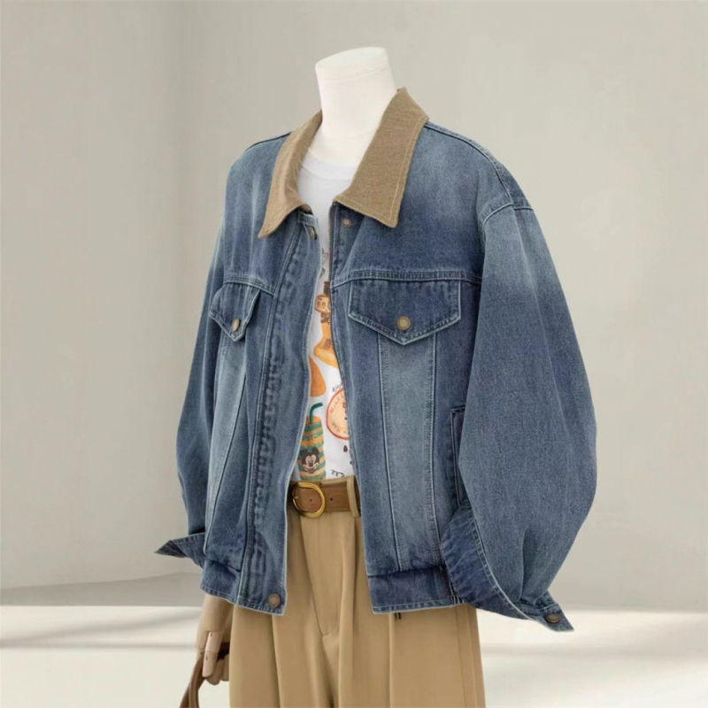 Ženska denim jakna u korejskom stilu, polo ovratnik, zatvarač, širok kroj, jesen 2025