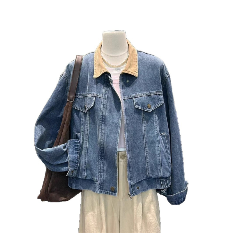 Ženska denim jakna u korejskom stilu, polo ovratnik, zatvarač, širok kroj, jesen 2025