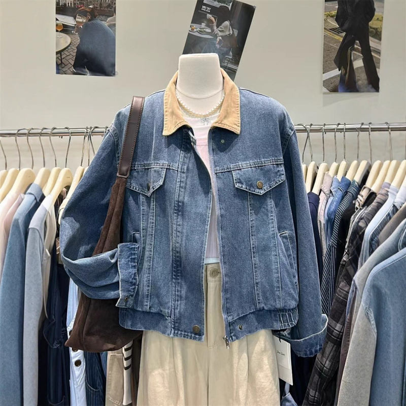 Ženska denim jakna u korejskom stilu, polo ovratnik, zatvarač, širok kroj, jesen 2025