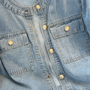 Traper jakna s geometrijskim uzorkom, okrugli ovratnik, rukavi 3/4, jednostrano kopčanje, tanak denim s više od 95% pamuka