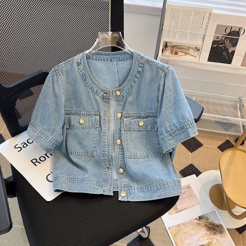 Traper jakna s geometrijskim uzorkom, okrugli ovratnik, rukavi 3/4, jednostrano kopčanje, tanak denim s više od 95% pamuka