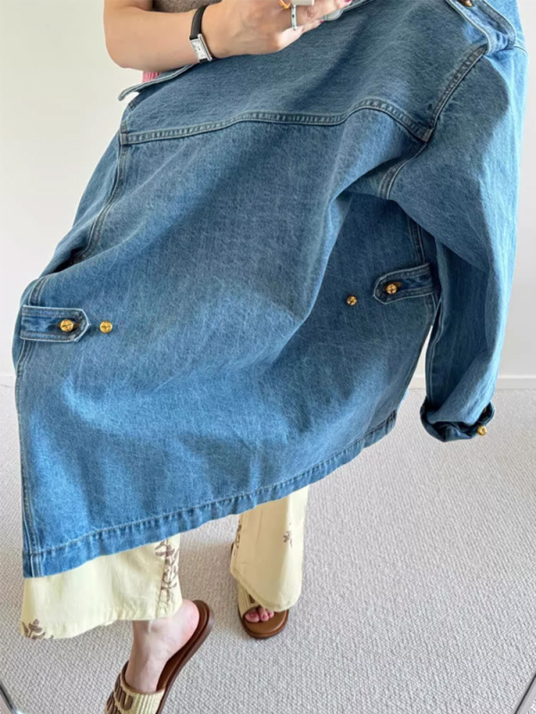 Ženska traper jakna – europski stil, ravni kroj, rever ovratnik, dugi rukavi, patchwork dizajn (proljeće 2025)