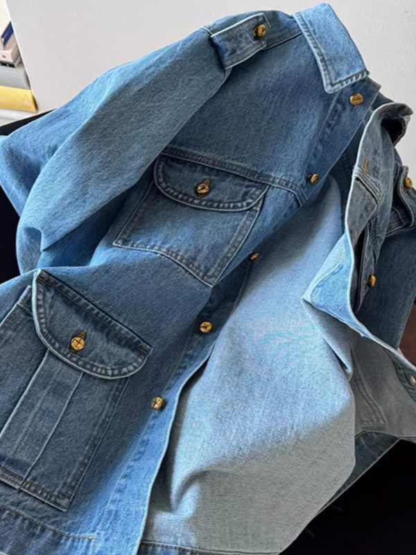 Ženska traper jakna – europski stil, ravni kroj, rever ovratnik, dugi rukavi, patchwork dizajn (proljeće 2025)