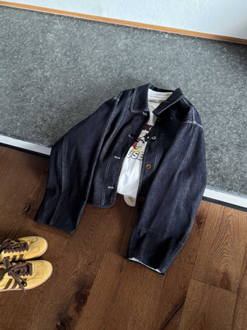 Ženska jakna od denima u korejskom stilu s prugastim manžetama i ovratnikom, opuštene krojenje, dugi Raglan rukavi, uobičajena duljina, denim pamuk s elastanom, Jesen 2025.