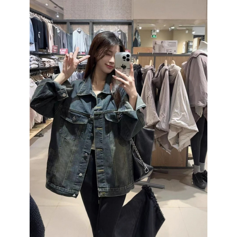 Ženski oversize traper jakna u američkom retro stilu s polo ovratnikom, dugim rukavima, srednje dužine, poliesterska smjesa