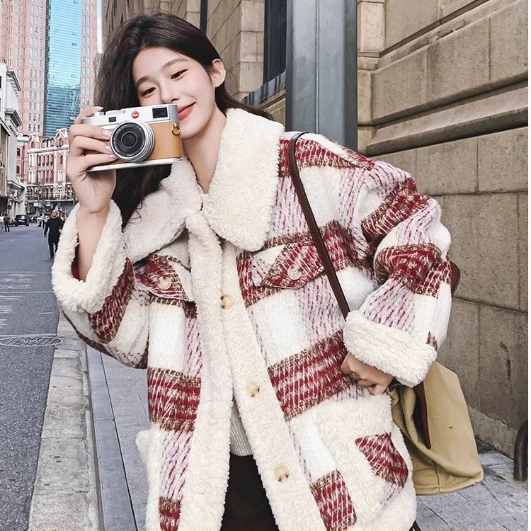 Εξωτερικό ρούχο εγκύου φθινοπωρινό-χειμερινό, συνθετικές ίνες, καρό μοτίβο, κολάρο τύπου Doll, μανίκια 3/4, ρετρό στυλ