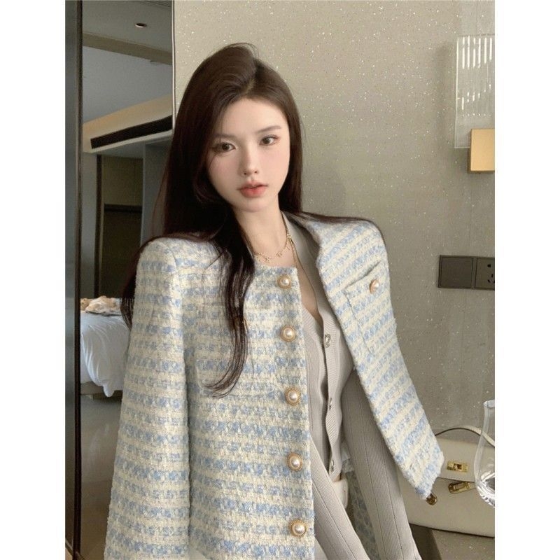 Pukali ženska kratka jakna s perlama na kopčama, Chanel stil, slim fit, okrugli izrez, poliester ≥95%