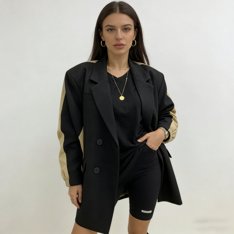 Jakna s reverom i dvostrukim zatvaranjem, casual blazer stil; poliester sa 30–50% spandeksa, dugi rukav, ovratnik kostima, jesen 2025