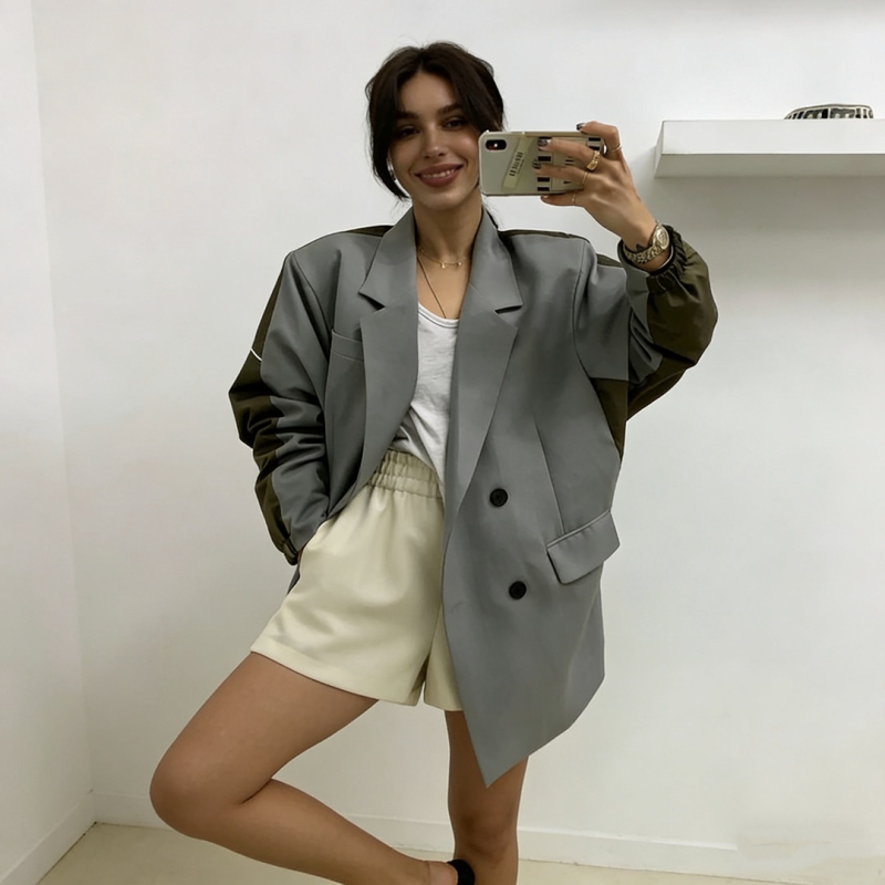 Jakna s reverom i dvostrukim zatvaranjem, casual blazer stil; poliester sa 30–50% spandeksa, dugi rukav, ovratnik kostima, jesen 2025