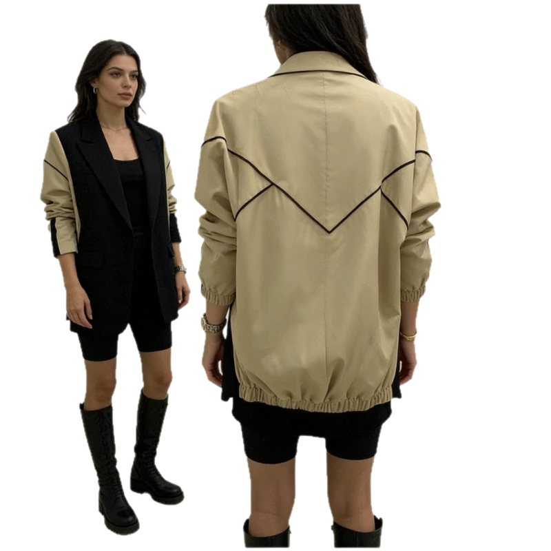 Jakna s reverom i dvostrukim zatvaranjem, casual blazer stil; poliester sa 30–50% spandeksa, dugi rukav, ovratnik kostima, jesen 2025