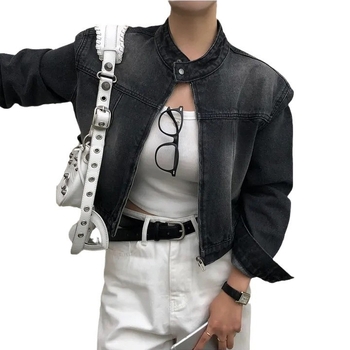 Деним кардиган с градиентен модел, стояща яка, цип отпред, къс силует