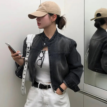 Деним кардиган с градиентен модел, стояща яка, цип отпред, къс силует