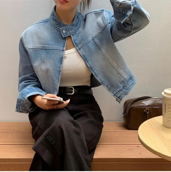 Деним кардиган с градиентен модел, стояща яка, цип отпред, къс силует