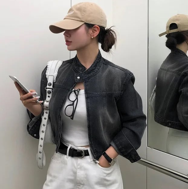 Деним кардиган с градиентен модел, стояща яка, цип отпред, къс силует