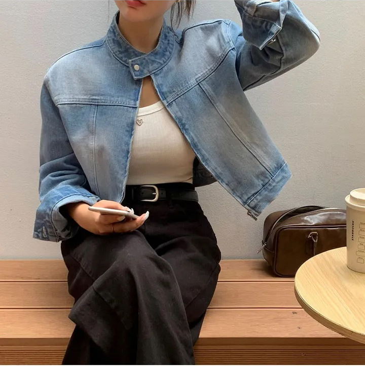 Деним кардиган с градиентен модел, стояща яка, цип отпред, къс силует