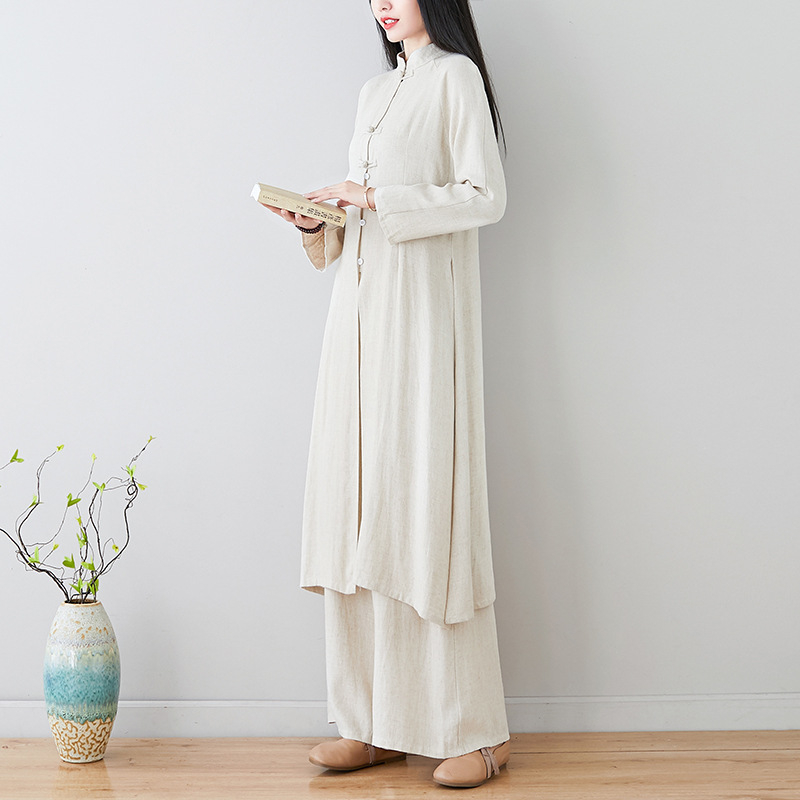 Hanfu kleitu komplekts — konopju maisījums, 50–70% kokvilna, <30% poliesters, rudens-zima, Zen iedvesota tējas kleita