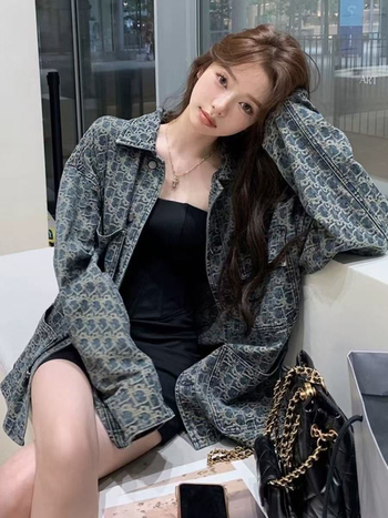 Дънково яке, корейски свободен стил, свободен силует, поло яка, дълги ръкави, средна дължина