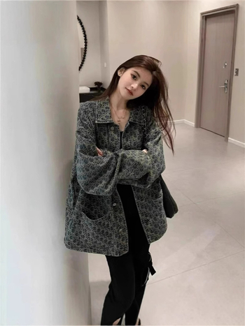 Дънково яке, корейски свободен стил, свободен силует, поло яка, дълги ръкави, средна дължина