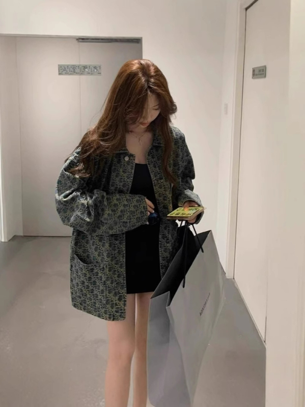 Дънково яке, корейски свободен стил, свободен силует, поло яка, дълги ръкави, средна дължина