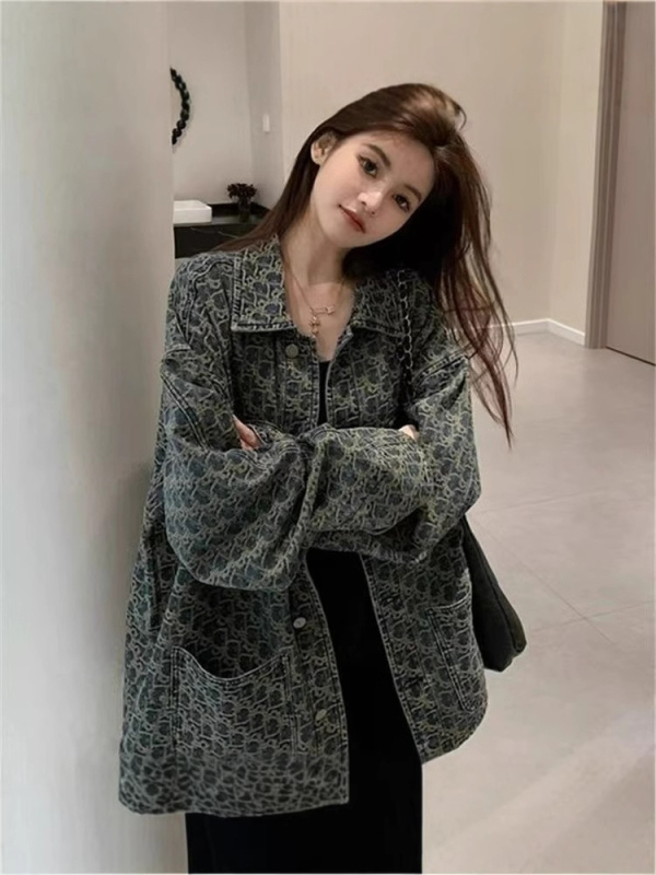 Дънково яке, корейски свободен стил, свободен силует, поло яка, дълги ръкави, средна дължина