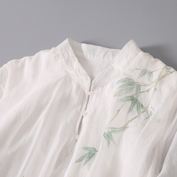 Ženska ljetna haljina s kineskim stilom od Tencel Jacquard materijala, A-linijskog kroja, midi duljine, stojeći ovratnik, rukavi do lakta, ručno oslikan dizajn