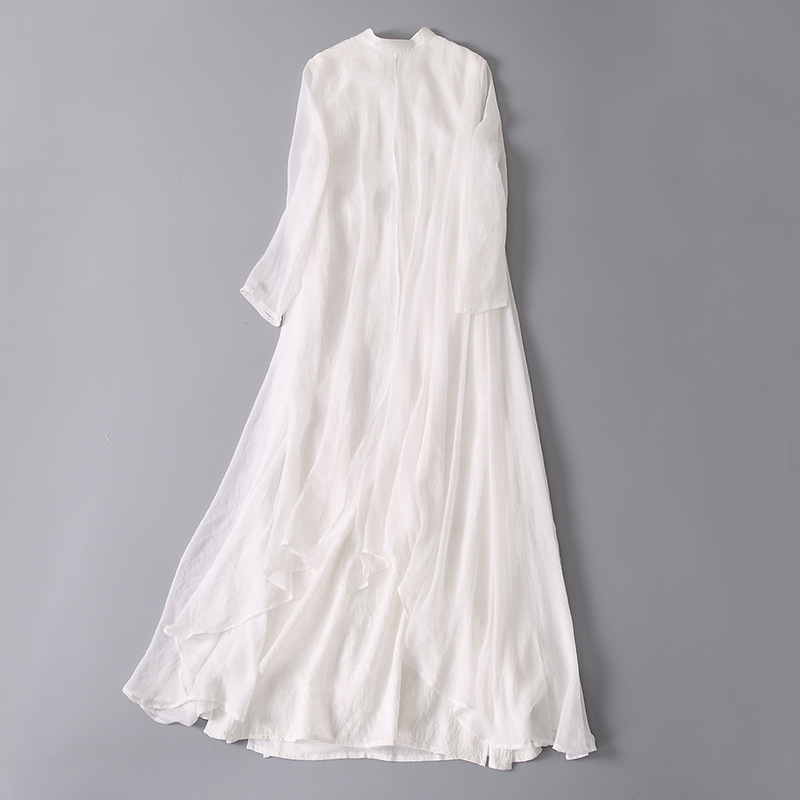 Ženska ljetna haljina s kineskim stilom od Tencel Jacquard materijala, A-linijskog kroja, midi duljine, stojeći ovratnik, rukavi do lakta, ručno oslikan dizajn