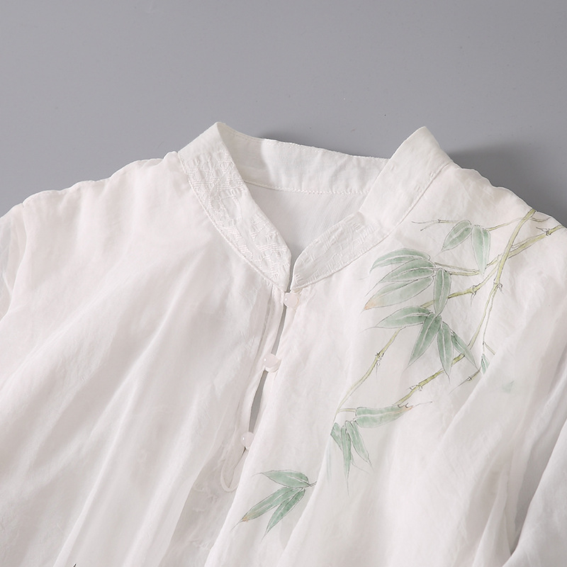Ženska ljetna haljina s kineskim stilom od Tencel Jacquard materijala, A-linijskog kroja, midi duljine, stojeći ovratnik, rukavi do lakta, ručno oslikan dizajn