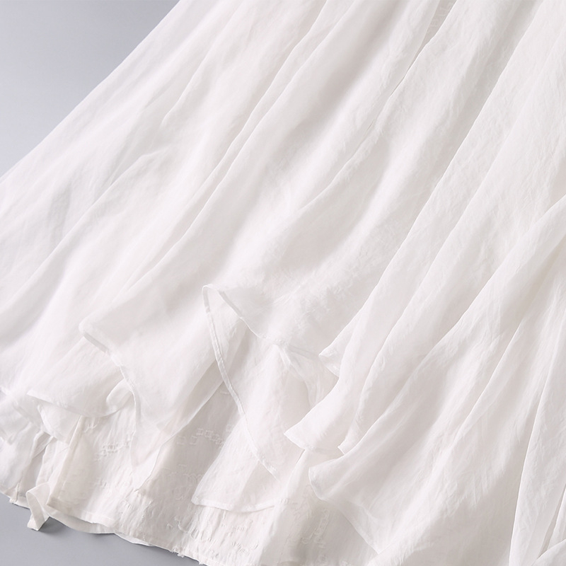 Ženska ljetna haljina s kineskim stilom od Tencel Jacquard materijala, A-linijskog kroja, midi duljine, stojeći ovratnik, rukavi do lakta, ručno oslikan dizajn