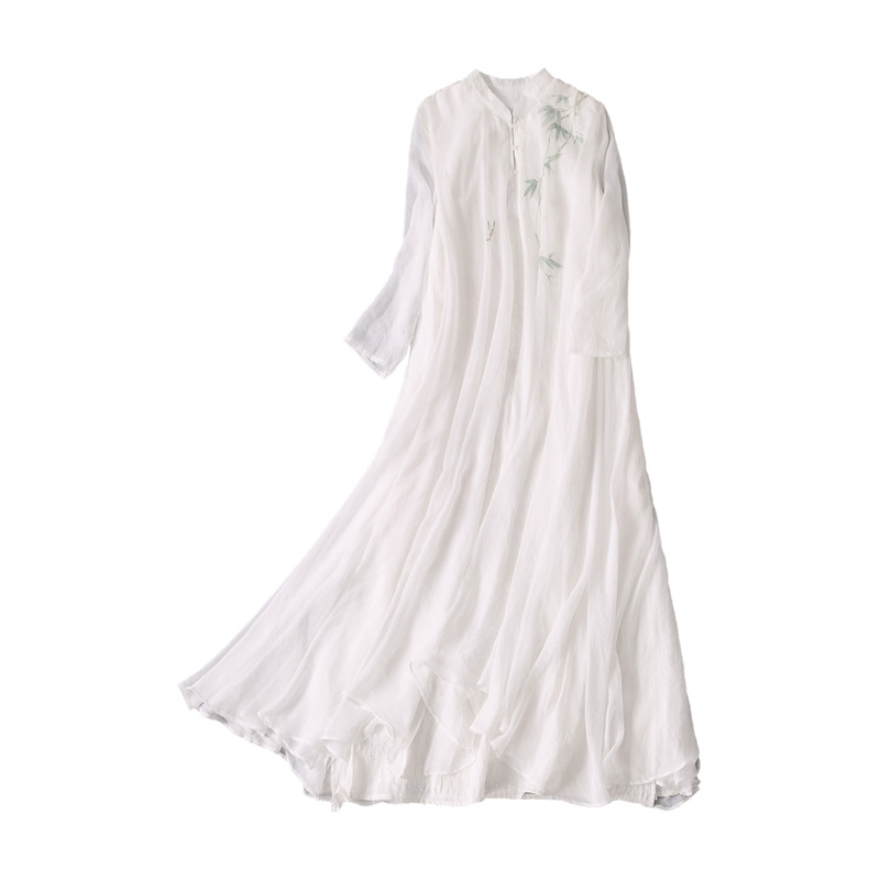 Ženska ljetna haljina s kineskim stilom od Tencel Jacquard materijala, A-linijskog kroja, midi duljine, stojeći ovratnik, rukavi do lakta, ručno oslikan dizajn