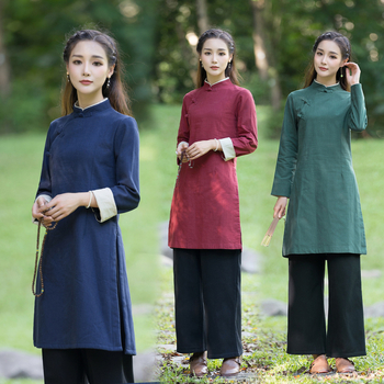 Tang tops no kokvilnas un lina, Sievietēm ķīniešu tējas tērps, Zen iedvesmots, Ķīnas Republikas stils, Jaunais Ķīnas stils (Audums: kokvilna un lina; Galvenais audums: kokvilna; Oderes sastāvs: 31–50%)