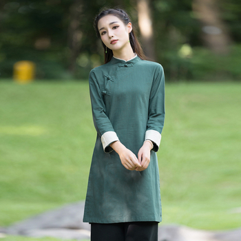 Tang tops no kokvilnas un lina, Sievietēm ķīniešu tējas tērps, Zen iedvesmots, Ķīnas Republikas stils, Jaunais Ķīnas stils (Audums: kokvilna un lina; Galvenais audums: kokvilna; Oderes sastāvs: 31–50%)