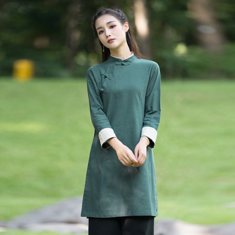 Tang tops no kokvilnas un lina, Sievietēm ķīniešu tējas tērps, Zen iedvesmots, Ķīnas Republikas stils, Jaunais Ķīnas stils (Audums: kokvilna un lina; Galvenais audums: kokvilna; Oderes sastāvs: 31–50%)