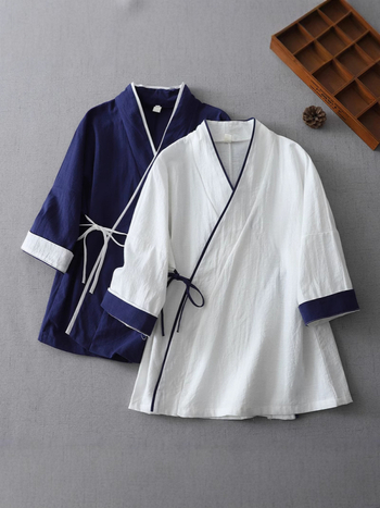 Hanfu iedvesots kokvilnas-linējais tops ar šņorēm, noliekts V kakla izgriezums, Zen Tea kardigans, pavasaris 2025, 70-80% kokvilna