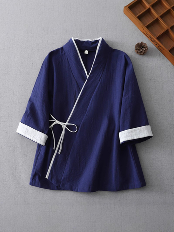 Hanfu iedvesots kokvilnas-linējais tops ar šņorēm, noliekts V kakla izgriezums, Zen Tea kardigans, pavasaris 2025, 70-80% kokvilna