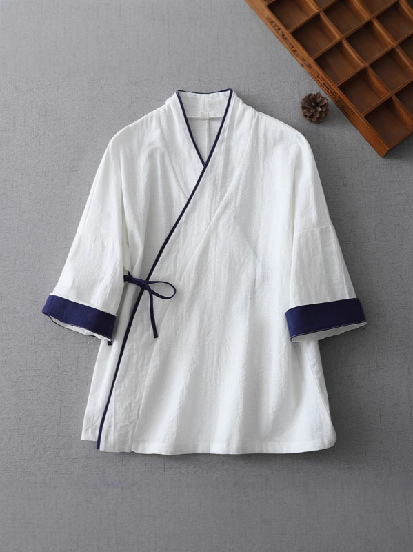 Hanfu iedvesots kokvilnas-linējais tops ar šņorēm, noliekts V kakla izgriezums, Zen Tea kardigans, pavasaris 2025, 70-80% kokvilna