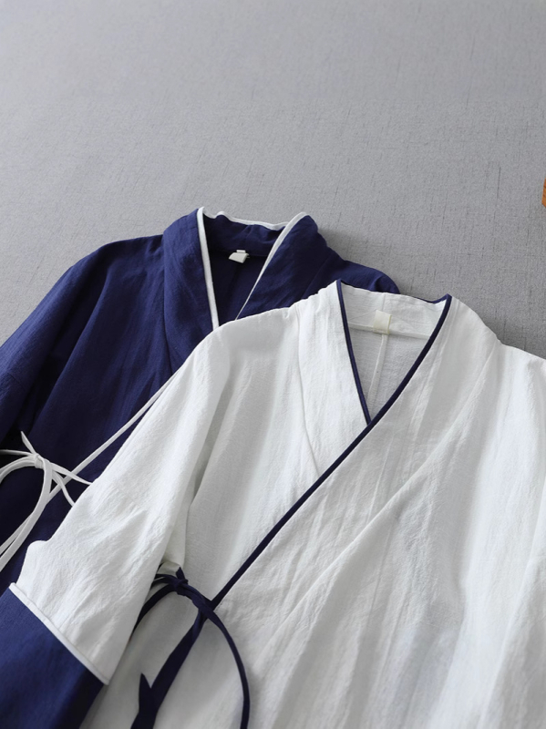 Hanfu iedvesots kokvilnas-linējais tops ar šņorēm, noliekts V kakla izgriezums, Zen Tea kardigans, pavasaris 2025, 70-80% kokvilna