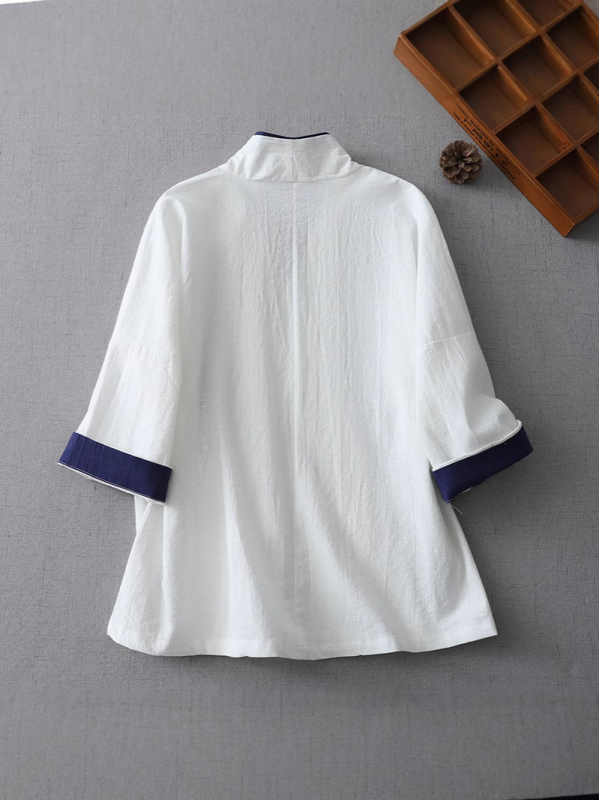 Hanfu iedvesots kokvilnas-linējais tops ar šņorēm, noliekts V kakla izgriezums, Zen Tea kardigans, pavasaris 2025, 70-80% kokvilna