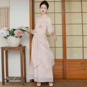 Ķīnas stila izšūtais tējas tērpu komplekts ar elastīgu jostu, vidēja garuma, 3/4 piedurknes, ikdienas Zen iedvesots (Audums: kokvilnas diegi; Galvenais materiāls: kazas āda; Izlaiduma gads/sezona: universālais modelis)