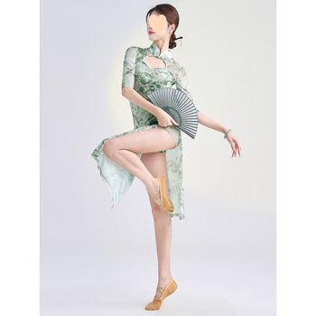 Klasiskā ķīniešu deja cheongsam ar apdruku, augsta elastība, slaids siluets, šķēlums, uzstāšanās apģērbs, Modal audums