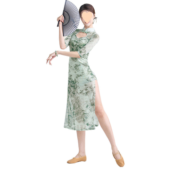 Klasiskā ķīniešu deja cheongsam ar apdruku, augsta elastība, slaids siluets, šķēlums, uzstāšanās apģērbs, Modal audums