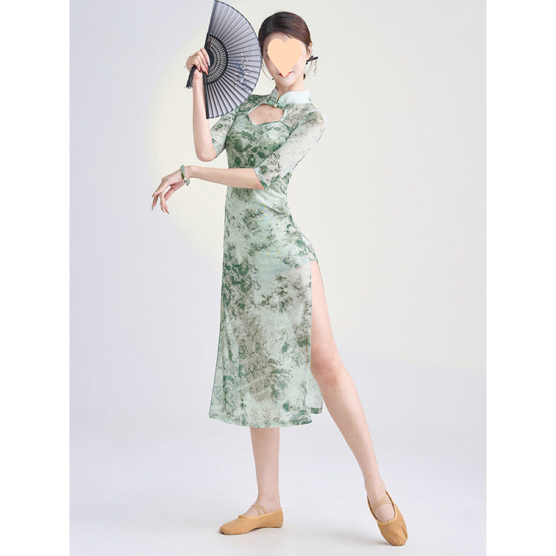 Klasiskā ķīniešu deja cheongsam ar apdruku, augsta elastība, slaids siluets, šķēlums, uzstāšanās apģērbs, Modal audums