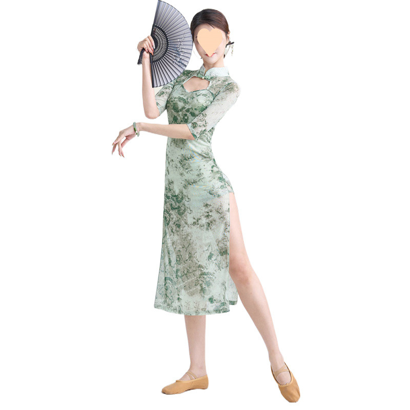 Klasiskā ķīniešu deja cheongsam ar apdruku, augsta elastība, slaids siluets, šķēlums, uzstāšanās apģērbs, Modal audums