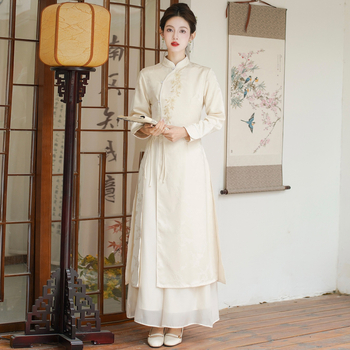 Divu gabalu tējas kleitas komplekts nacionālā ķīniešu zen stilā, pavasaris 2025; galvenais materiāls: kazas āda; auduma nosaukums: kokvilnas diegs; zīmols: Other