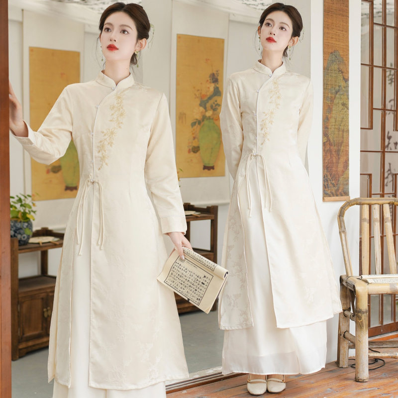 Divu gabalu tējas kleitas komplekts nacionālā ķīniešu zen stilā, pavasaris 2025; galvenais materiāls: kazas āda; auduma nosaukums: kokvilnas diegs; zīmols: Other