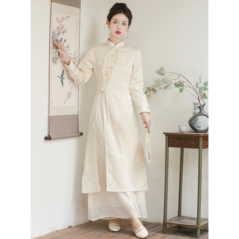 Divu gabalu tējas kleitas komplekts nacionālā ķīniešu zen stilā, pavasaris 2025; galvenais materiāls: kazas āda; auduma nosaukums: kokvilnas diegs; zīmols: Other