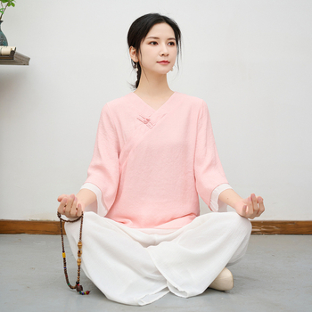 Dviejų dalių Kinijos stiliaus zen šokių komplektas vasarai – kanapių audinys su poliesterio mišiniu, medvilninė siuvimas, zen meditacijai ir Tai Chi drabužiai, prekės kodas 90499112