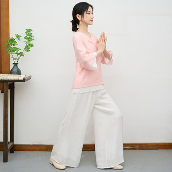 Dviejų dalių Kinijos stiliaus zen šokių komplektas vasarai – kanapių audinys su poliesterio mišiniu, medvilninė siuvimas, zen meditacijai ir Tai Chi drabužiai, prekės kodas 90499112